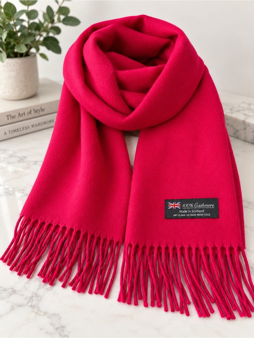 100% Cashmere Scarf Made in Scotland Pink Fuchsia Fringe